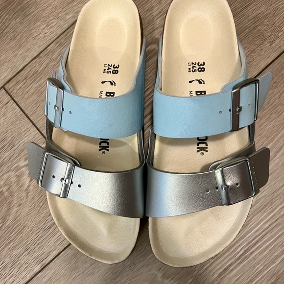 Birkenstock Arizona Split Light Blue/Silver Birko Flor Narrow Fit - Picture 2 of 5